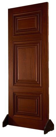 Classic interior door with three raised rectangular panels and ornate layered molding in a rich dark finish