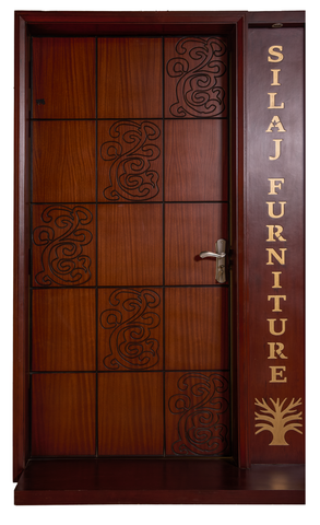 Designer Entry Door with Decorative Grid and Ornamental Etching