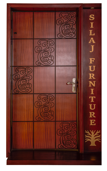 Designer Entry Door with Decorative Grid and Ornamental Etching