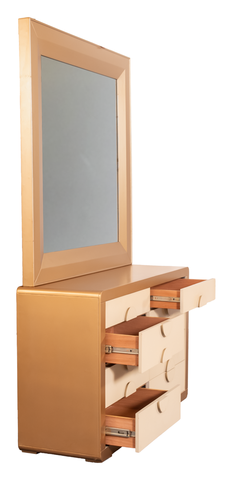 Ivory Luxe Bedroom Set – Tufted King Bed, Mirror Dresser & Side Tables in Golden Offwhite Finish