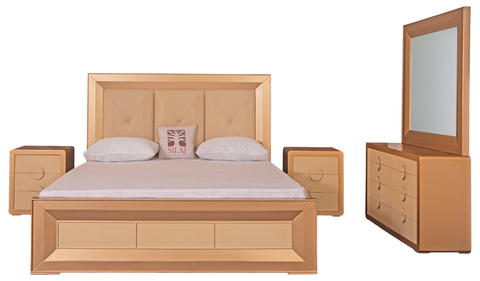 Ivory Luxe Bedroom Set – Tufted King Bed, Mirror Dresser & Side Tables in Golden Offwhite Finish