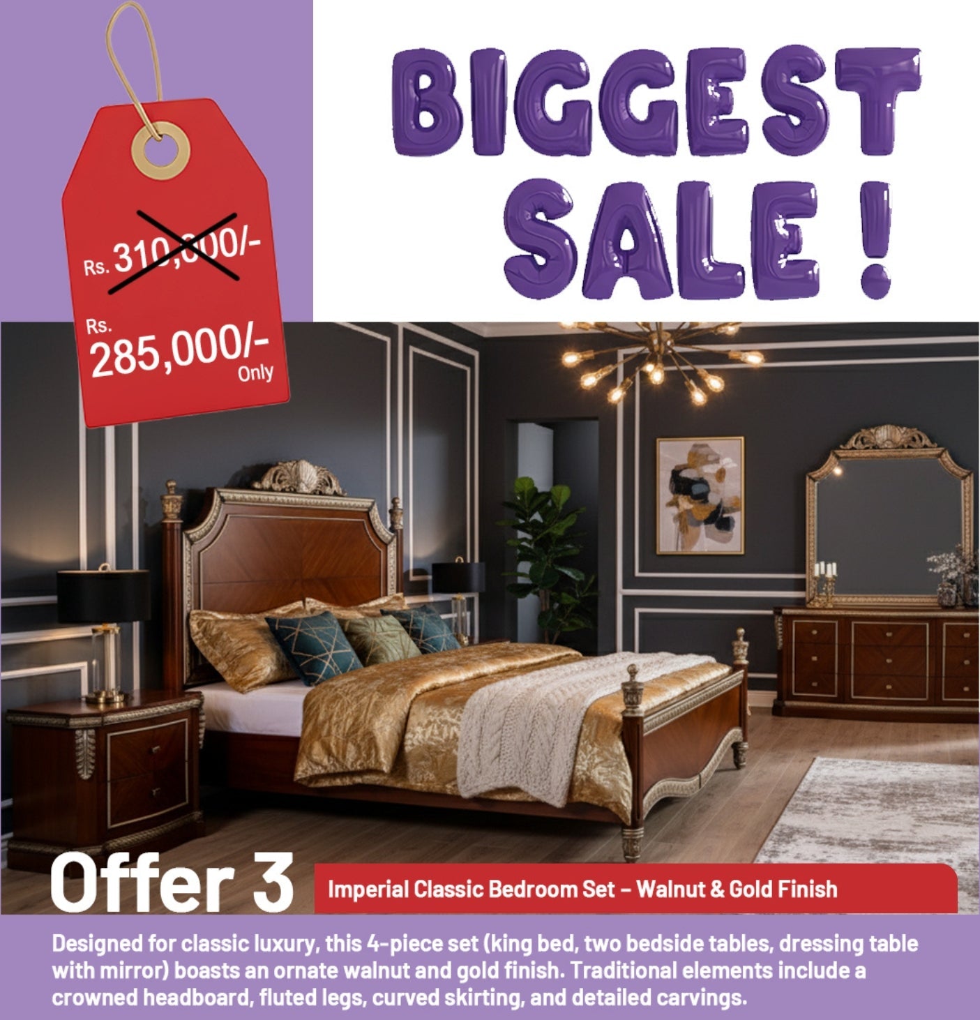 Imperial Classic Bedroom Set – Walnut & Gold Finish | Timeless Luxury for Your Home