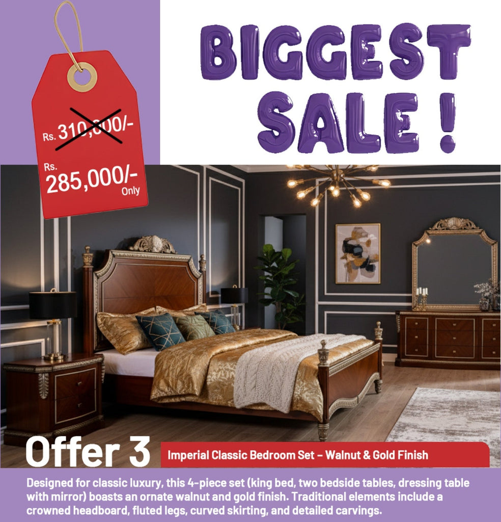 Imperial Classic Bedroom Set – Walnut & Gold Finish | Timeless Luxury for Your Home