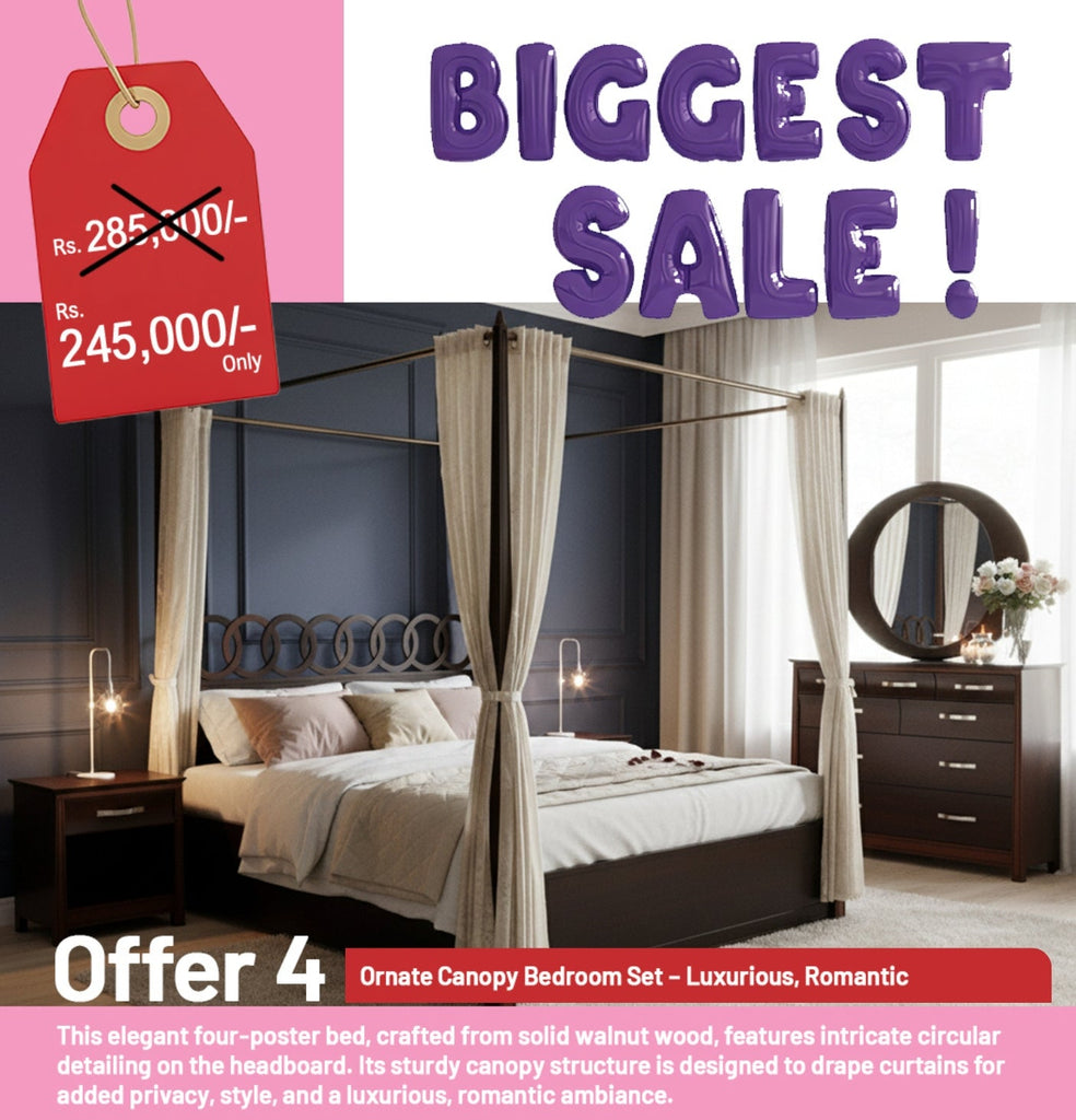 Ornate Canopy Bed – Solid Walnut Wood | Luxurious Four-Poster Elegance