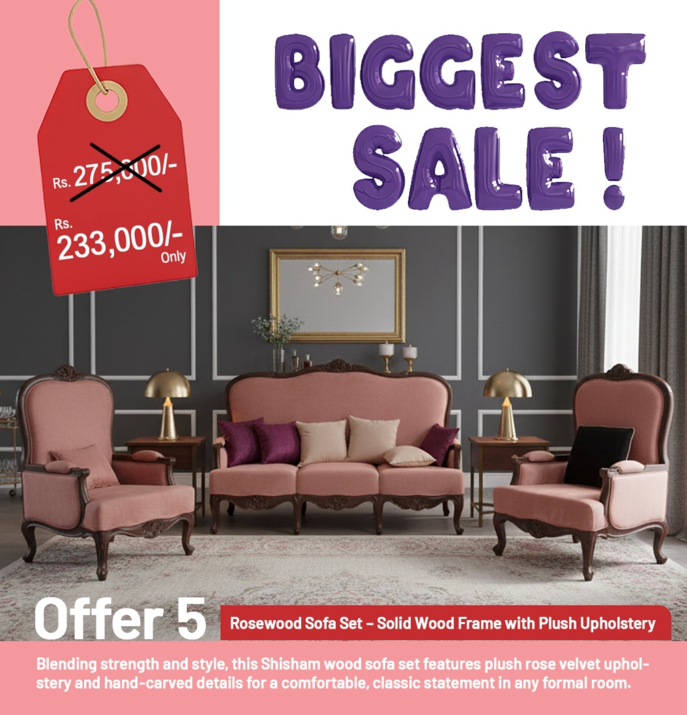 Vintage Rosewood Sofa Set – Shisham Wood Frame with Plush Upholstery | Classic Comfort & Lasting Elegance