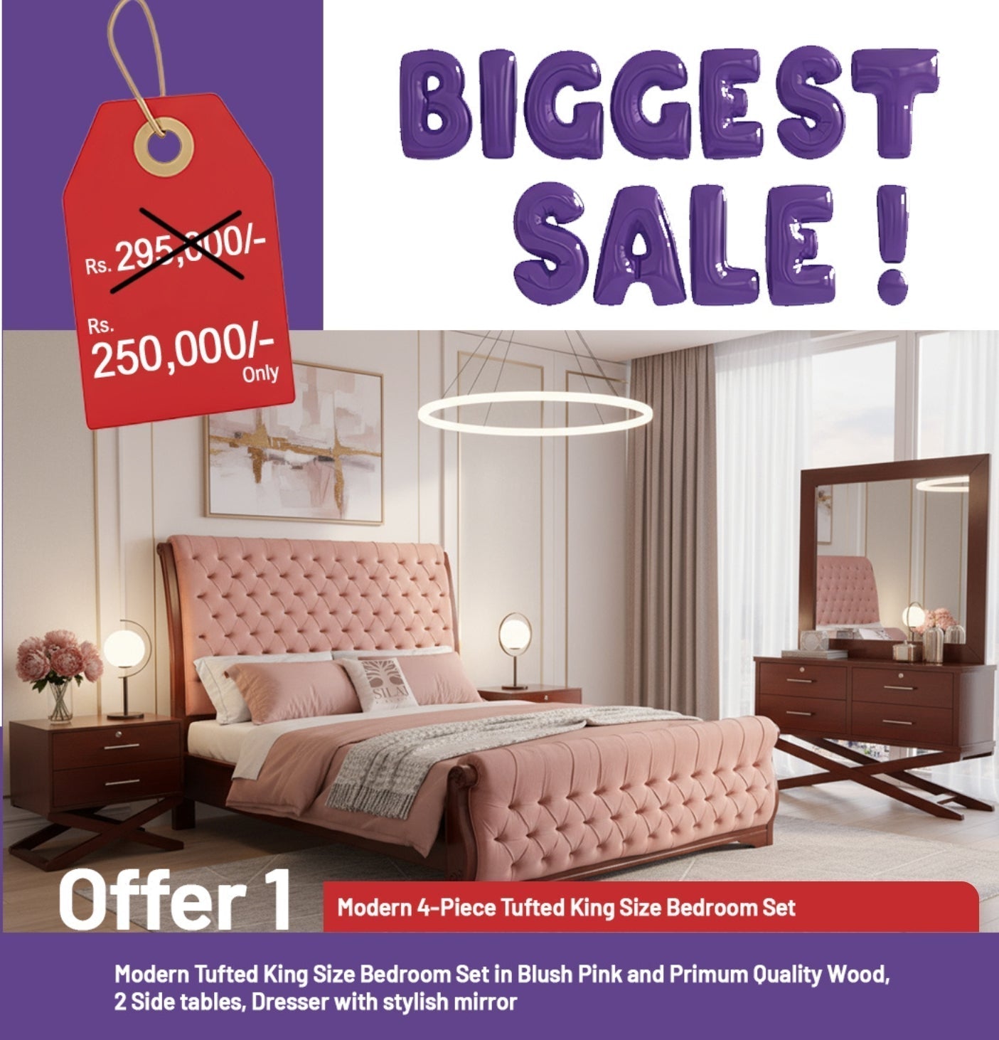 Modern 4-Piece Tufted King Size Bedroom Set in Blush Pink & premium-quality wood