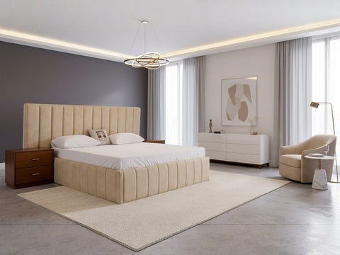 Plush Upholstered Bedroom Set – King Size Bed with Side Tables