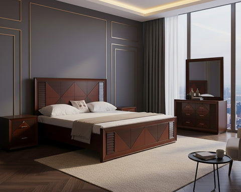 Geo Frame King Bedroom Set – Geometric Panel Design with Dresser & Side Tables