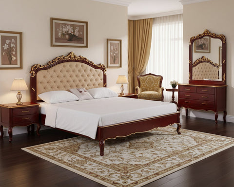 Classic Royal Bed Set – Tufted Headboard, Carved Legs & Bargandi Finish