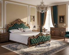Regal Green Tufted Bedroom Set – King Bed with Carved Dresser & Side Tables