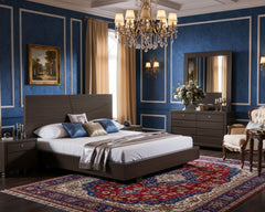 Modern Walnut Platform Bed with Dresser & Mirror