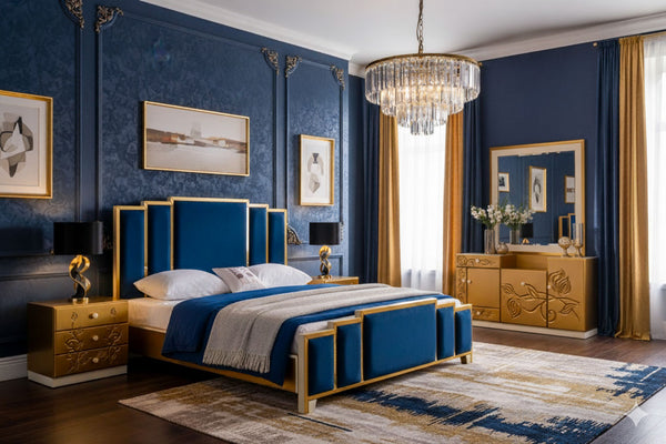 Royal Blue & Gold 4-Piece Velvet Bedroom Set