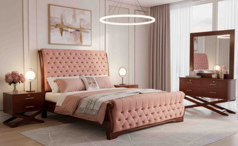 Modern 4-Piece Tufted King Size Bedroom Set in Blush Pink and Mahogany