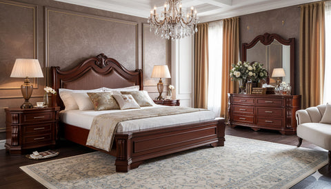 Classic King Bedroom Set – Vintage Style with Curved Headboard & Dresser