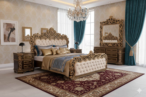 Luxury King Bedroom Set – Golden Antique Finish, Ornate Carvings, Tufted Upholstery