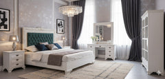 Elegant White Luxe King Bedroom Set – Tufted Headboard, Mirror Dresser & Showcase