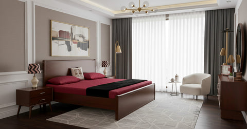 Modern Walnut Finish Bed Set with Sleek Dressing Table & Side Table — Contemporary Elegance Redefined