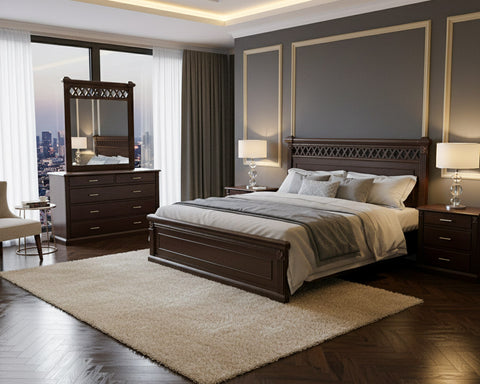 Heritage Charm Bed Set – Traditional Mahogany Finish with Decorative Headboard