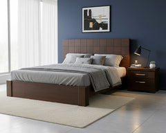 Modern Grid Wooden Bed Set with Side Tables – Sleek Dark Finish
