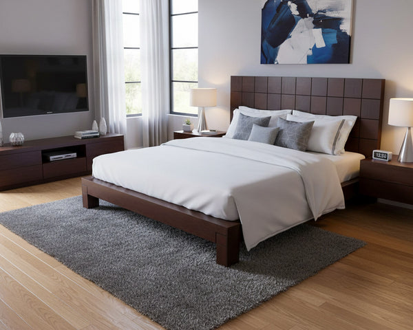 Modern Grid Wooden Bed Set with Side Tables – Sleek Dark Finish