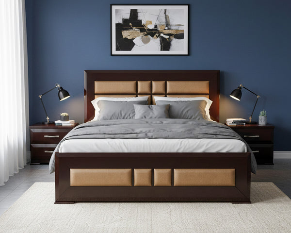 Metro Luxe Bed Set – Modern Wood Frame with Upholstered Headboard