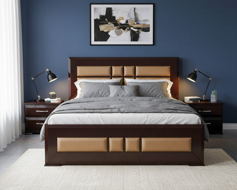Metro Luxe Bed Set – Modern Wood Frame with Upholstered Headboard