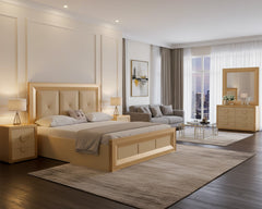 Ivory Luxe Bedroom Set – Tufted King Bed, Mirror Dresser & Side Tables in Golden Offwhite Finish