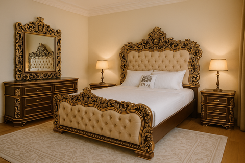Luxurious 5-piece bedroom set with tufted king-size bed, two bedside tables, and an ornate dressing table with carved mirror