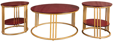 Aurum Trio Table Set – Burgundy & Gold Metal Accent Tables