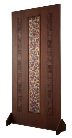 Contemporary interior door with central abstract inlay and geometric engravings on a rich dark surface