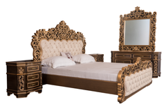 Luxury King Bedroom Set – Golden Antique Finish, Ornate Carvings, Tufted Upholstery