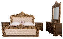 Luxury King Bedroom Set – Golden Antique Finish, Ornate Carvings, Tufted Upholstery