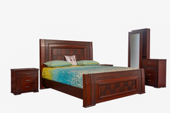 Check Wood King Bedroom Set – Grid-Pattern Headboard, Dresser & Side Tables