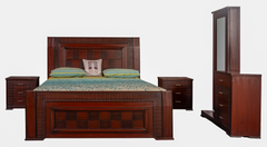 Check Wood King Bedroom Set – Grid-Pattern Headboard, Dresser & Side Tables