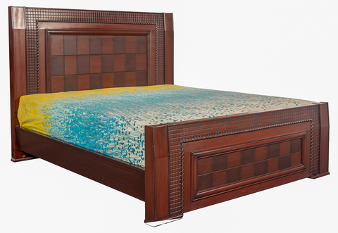 Check Wood King Bedroom Set – Grid-Pattern Headboard, Dresser & Side Tables