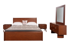 Modern Walnut Finish Bed Set with Sleek Dressing Table & Side Table — Contemporary Elegance Redefined