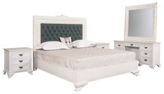 Elegant White Luxe King Bedroom Set – Tufted Headboard, Mirror Dresser & Showcase