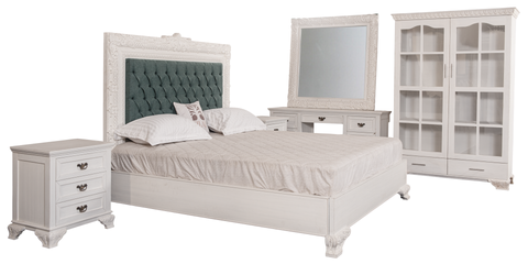 Elegant White Luxe King Bedroom Set – Tufted Headboard, Mirror Dresser & Showcase