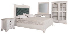 Elegant White Luxe King Bedroom Set – Tufted Headboard, Mirror Dresser & Showcase