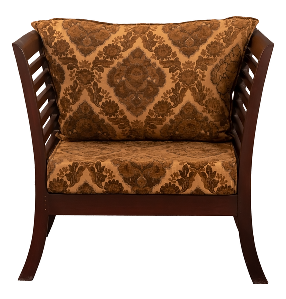Elegant Wooden Lounge Chair – Brown Matt Finish with Striped Upholstery