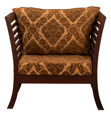 Elegant Wooden Lounge Chair – Brown Matt Finish with Striped Upholstery