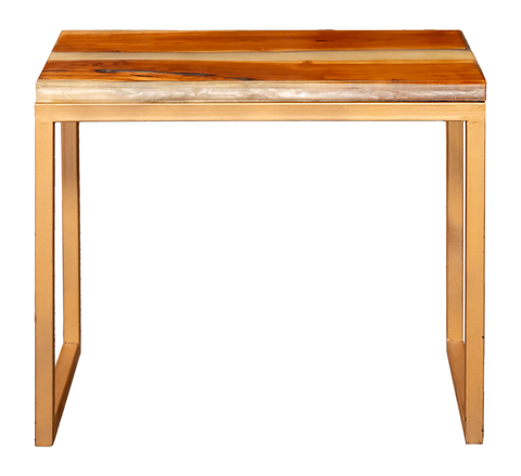 Resin & Wood Inlaid Side Table with Metal Frame