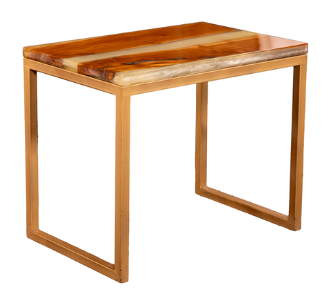 Resin & Wood Inlaid Side Table with Metal Frame