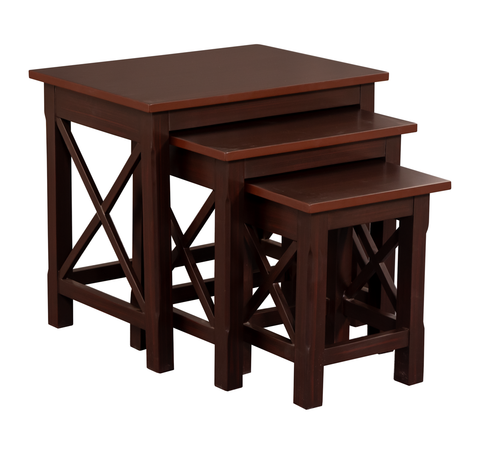 Set of three wooden nesting tables with cross-leg design in dark brown finish on a white background