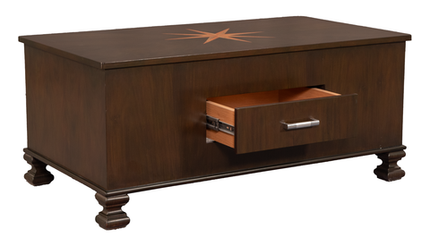 Star Inlay Wooden Center Table – Glass Top & Storage Drawer