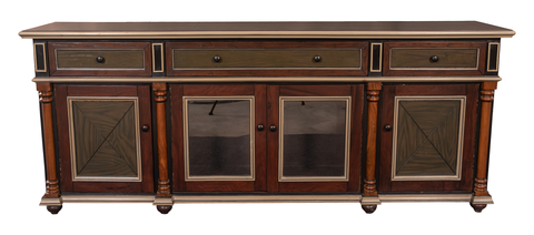 Elegant Distressed Console Table with Glass Cabinets