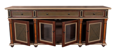Elegant Distressed Console Table with Glass Cabinets