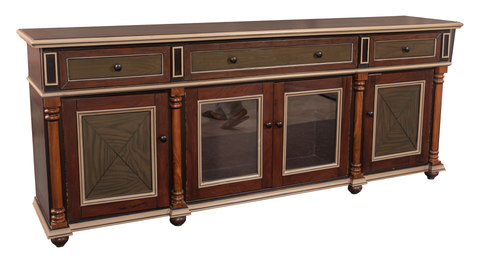 Elegant Distressed Console Table with Glass Cabinets