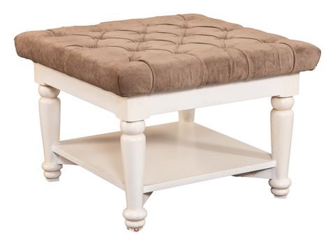 Tufted Ottoman Table Set – Beige Velvet Top & White Wooden Frame