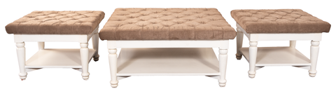 Tufted Ottoman Table Set – Beige Velvet Top & White Wooden Frame